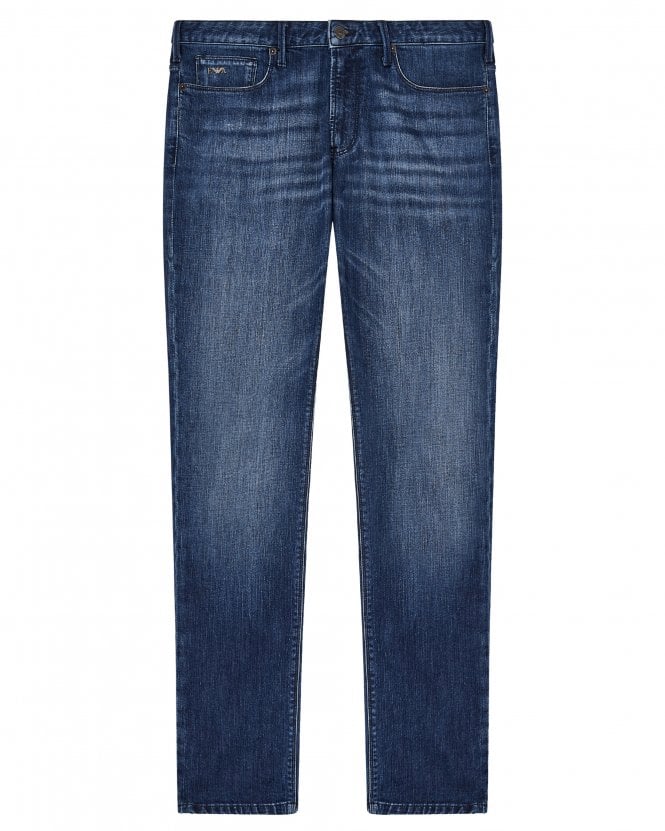 Emporio Armani Mens J06 Slim Fit Streaked Stretch Denim Jeans - Blue