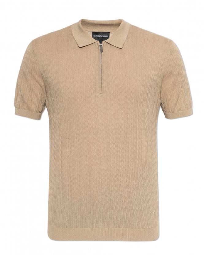 Emporio Armani Mens Quarter Zip Knit Polo Shirt - Beige 