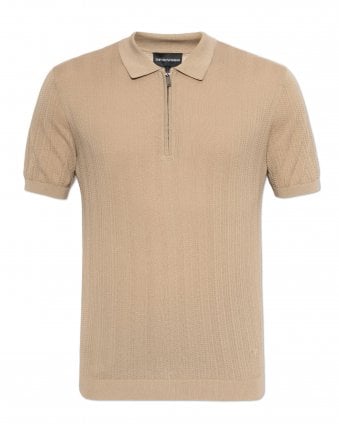 Mens Quarter Zip Knit Polo Shirt - Beige 
