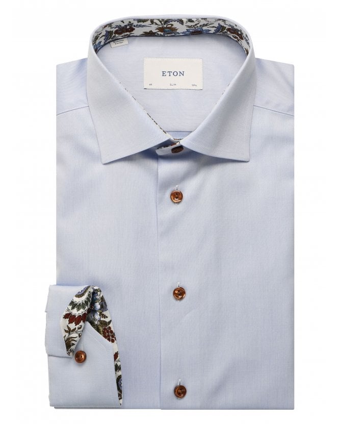 Eton Mens Contrast Trims Twill Slim Fit Shirt Sky Blue
