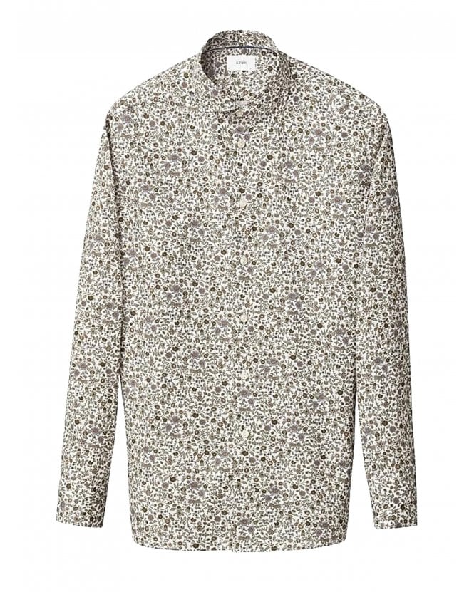Eton Mens Floral Pattern Print Slim Shirt Green