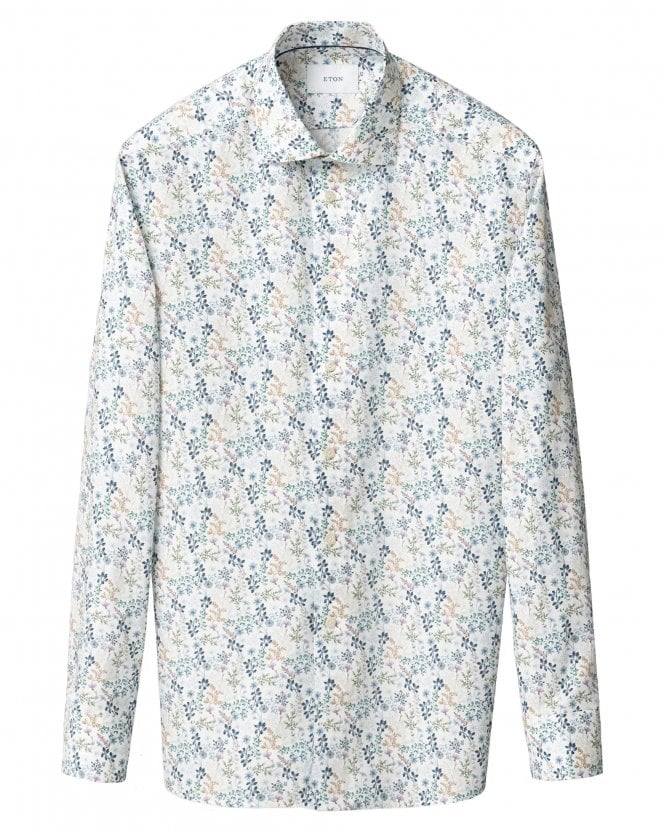 Eton Mens Floral Twill Slim Fit Shirt - Mid Blue 