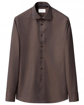 Mens Herringbone Signature Twill Slim Fit Shirt - Dark Brown