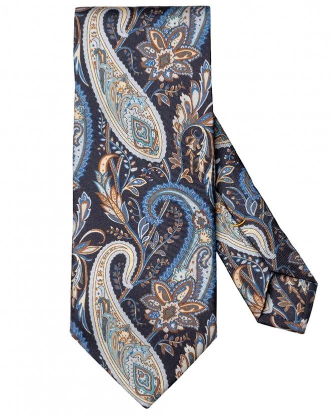 Eton Mens Paisley Printed Silk Tie - Navy Blue