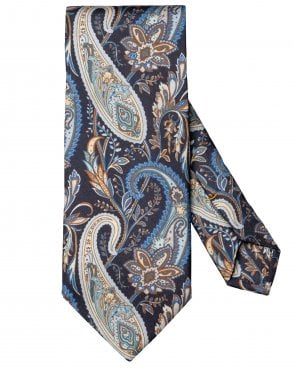 Mens Paisley Printed Silk Tie - Navy Blue