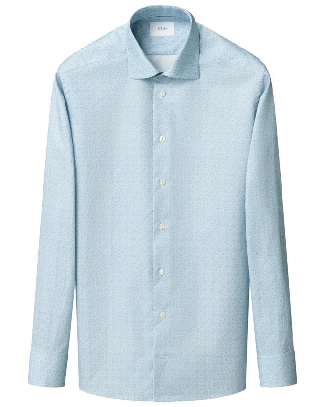 Eton Mens Signature Twill Geometric Slim Shirt Light Blue