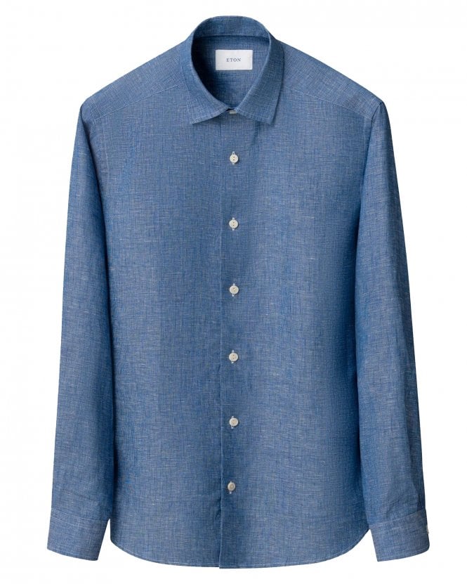 Eton Mens Solid Relaxed Linen Shirt - Blue