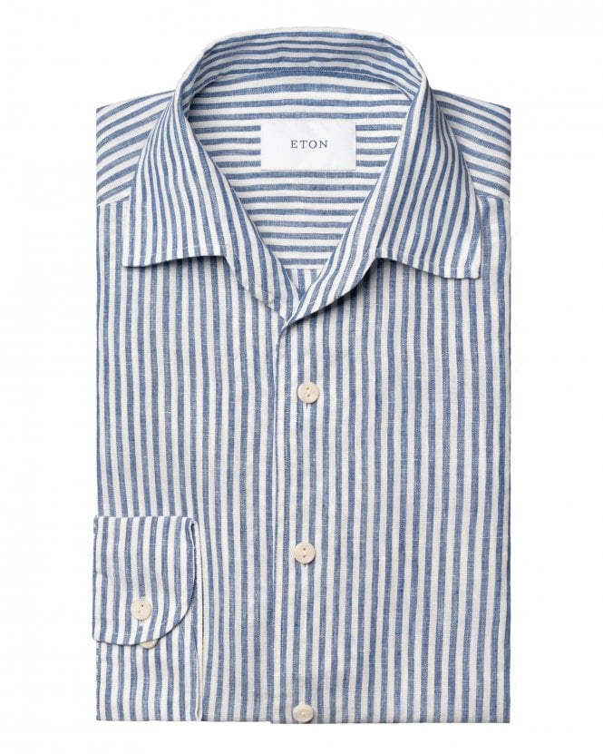 Eton Mens Striped Relaxed Linen Shirt - Dark Blue