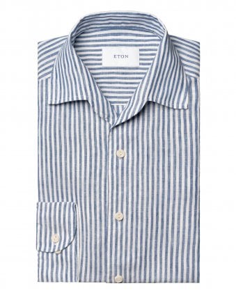 Mens Striped Relaxed Linen Shirt - Dark Blue