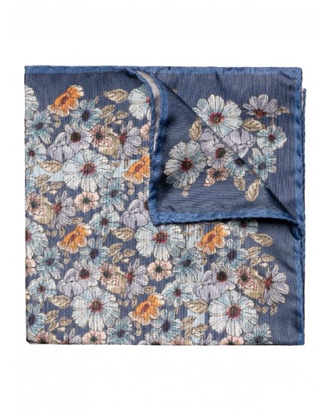 Eton Mens Paisley Floral Silk Pocket Square Mid Blue
