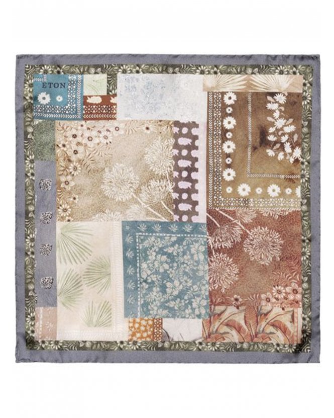 Eton Mens Patchwork Silk Pocket Square Mid Blue