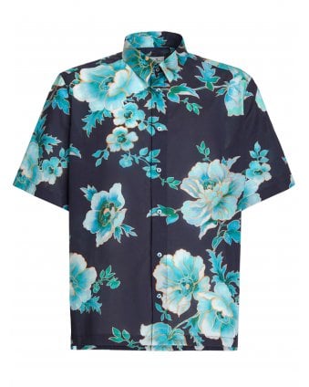 Mens Blue Comfort Fit Short Sleeved Floral Shirt