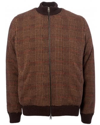 Mens Checked Wool Blend Bomber Jacket Heather Brown
