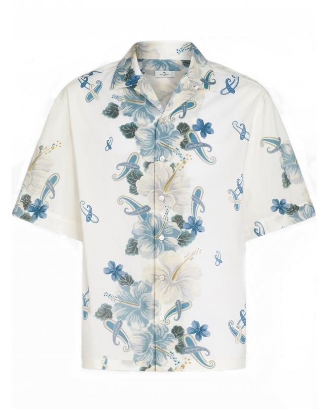 Etro Mens Floral Bowling Shirt White Blue