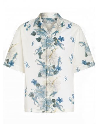 Mens Floral Bowling Shirt White Blue