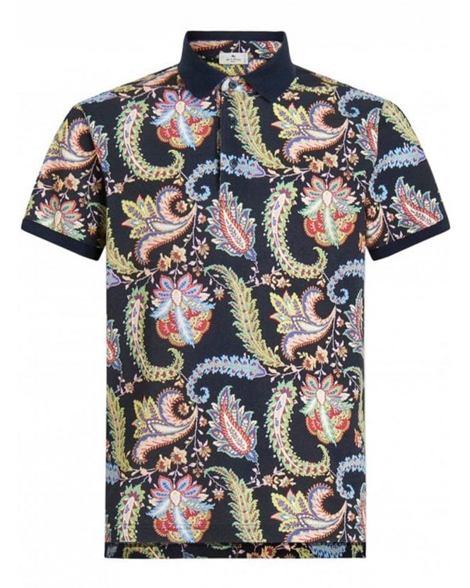 Etro Mens Navy Blue Floral Paisley Jacquard Polo Shirt