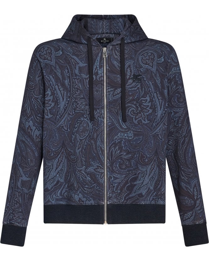 Etro Mens Tonal Paisley Print Hoodie Navy