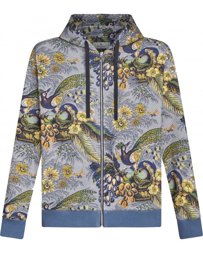 Etro Mens Tropic & Birds Printo Hoodie Sky Blue