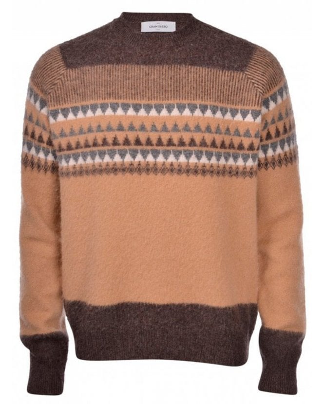 Gran Sasso Mens Combed Wool Fairisle Jumper Camel Brown
