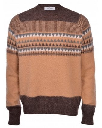 Mens Combed Wool Fairisle Jumper Camel Brown