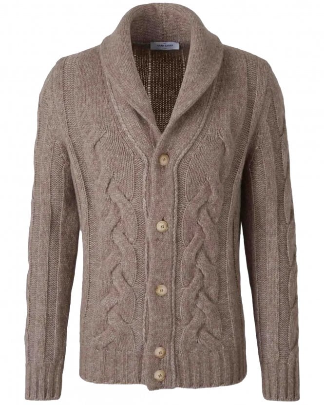 Gran Sasso Mens Regular Fit Cable-Knit Shawl-Collar Merino Wool Cardigan - Grey (Beige)