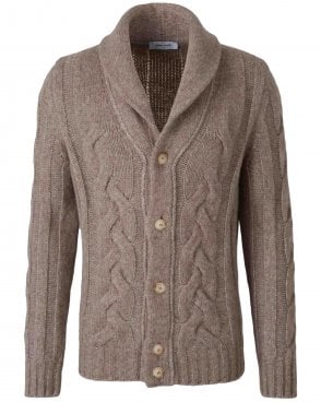 Mens Regular Fit Cable-Knit Shawl-Collar Merino Wool Cardigan - Grey (Beige)