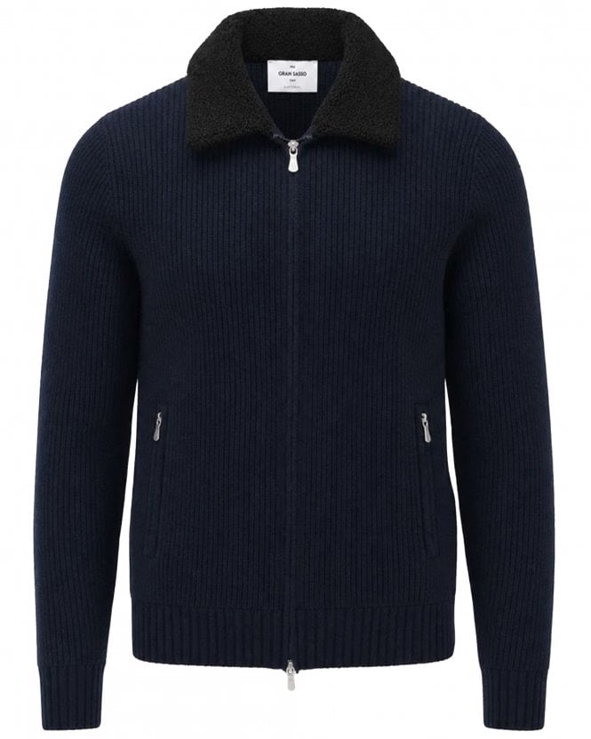 Gran Sasso Mens Regular Fit Faux Fur Collar Zip Cardigan - Navy