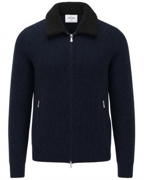 Mens Regular Fit Faux Fur Collar Zip Cardigan - Navy