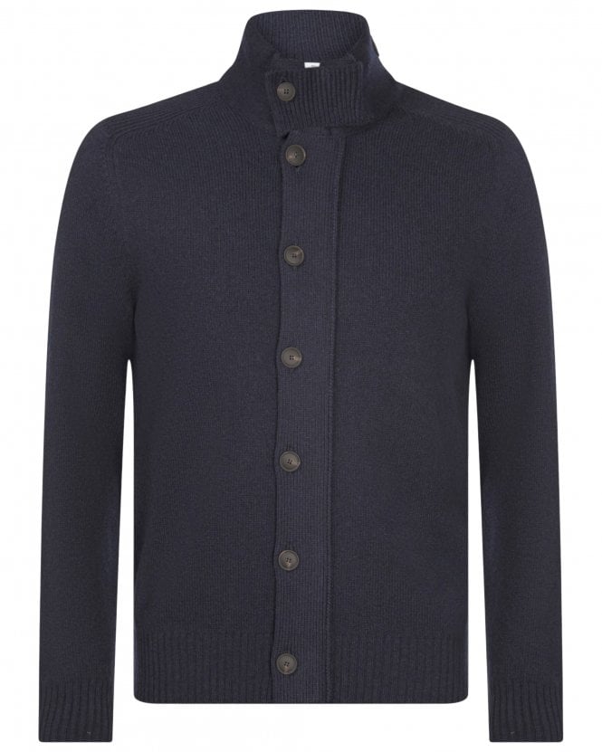 Gran Sasso Mens Regular Fit Full-Zip Buttoned Wool Cardigan Jacket - Navy Blue 
