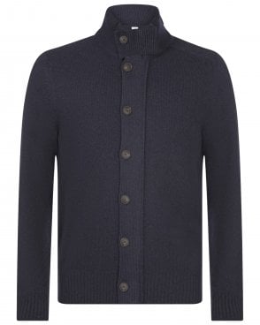 Mens Regular Fit Full-Zip Buttoned Wool Cardigan Jacket - Navy Blue 