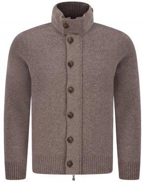 Mens Regular Fit Full-Zip Buttoned Wool Cardigan Jacket - Taupe Brown