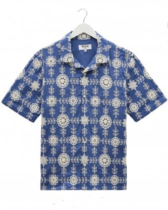 Mens Wax London Didcot Corded Lace Shirt - Blue/Ecru