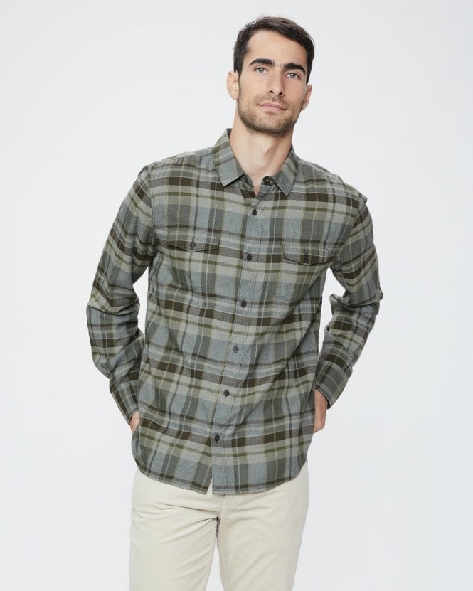 Paige Jeans Mens Everett Plaid Flannel Shirt Coastal Forest 