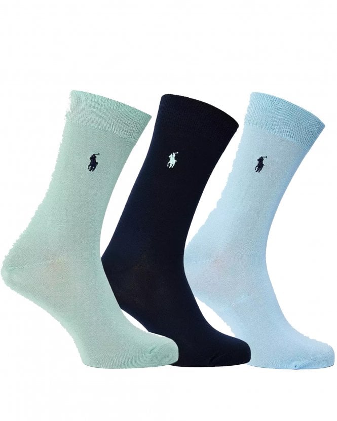 Polo Ralph Lauren Mens 3 Pack Logo Cotton-Blend Socks - Light Blue/Pale Blue/Navy