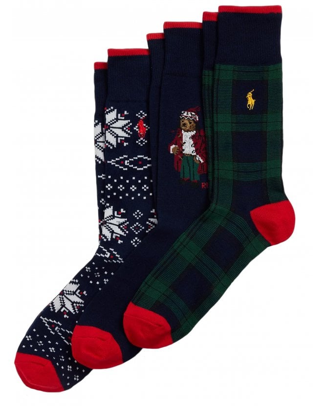 Polo Ralph Lauren Mens Arctic Bear 3 Pack Socks Navy/Green/Red