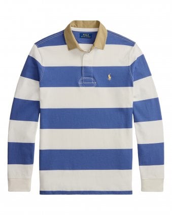 Mens Classic Fit Khaki Collar Rugby Shirt - Old Royal Blue/ Trophy Cream