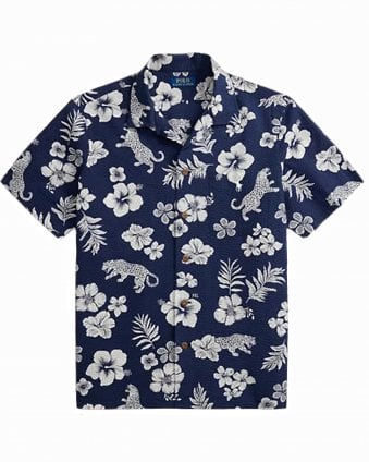 Mens Classic Fit Tropical Linen Camp Shirt - Jaguar Tropical (Navy)