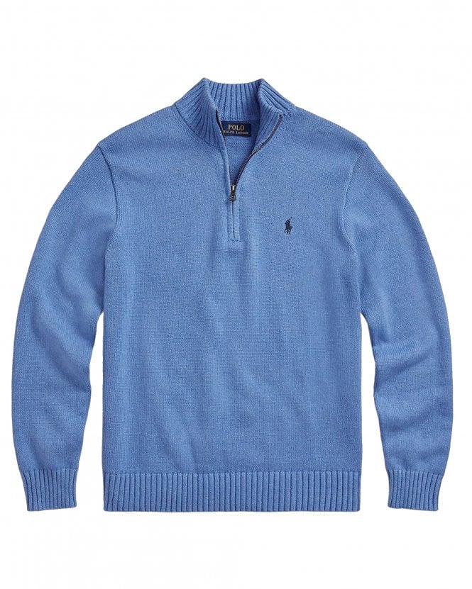 Polo Ralph Lauren Mens Cotton Quarter-Zip Mockneck Jumper - Soft Royal Heather Blue