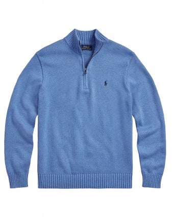 Mens Cotton Quarter-Zip Mockneck Jumper - Soft Royal Heather Blue