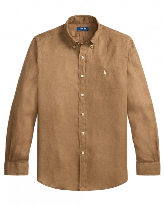 Polo Ralph Lauren Mens Custom Fit Button Down Linen Shirt - Brown