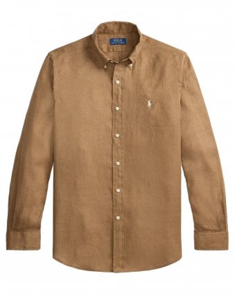 Mens Custom Fit Button Down Linen Shirt - Brown