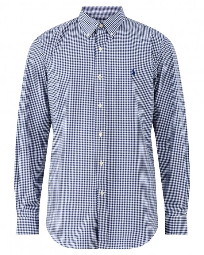 Polo Ralph Lauren Mens Custom Fit Gingham Check Oxford Shirt - Navy Blue/White (Freshwater White)