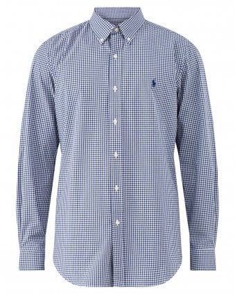 Mens Custom Fit Gingham Check Oxford Shirt - Navy Blue/White (Freshwater White)