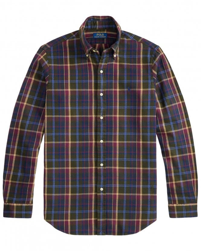 Polo Ralph Lauren Mens Custom Fit Plaid Flannel Shirt - Red/Blue/Green (Olive Berry Multi)