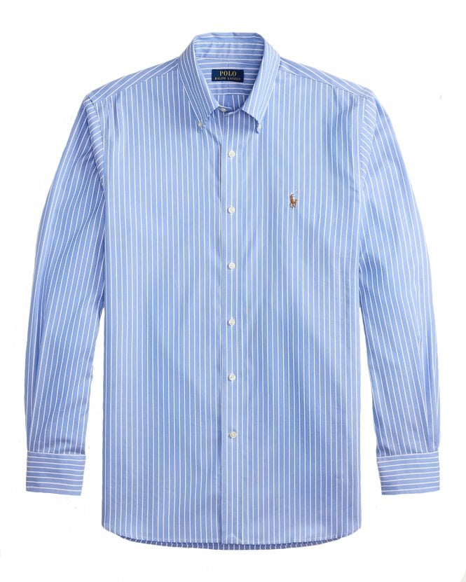 Polo Ralph Lauren Mens Custom Fit Striped Pinpoint Oxford Shirt - Azure/White