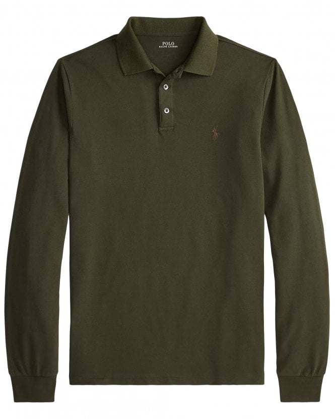Polo Ralph Lauren Mens Custom Slim Fit Long Sleeve Stretch Mesh Polo Shirt - Dark Green (Company Olive)