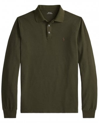 Mens Custom Slim Fit Long Sleeve Stretch Mesh Polo Shirt - Dark Green (Company Olive)
