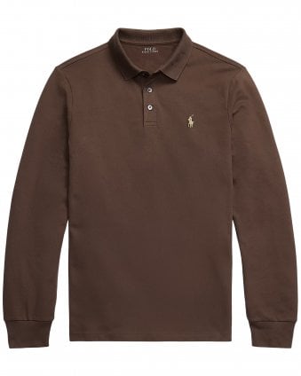 Mens Custom Slim Fit Long Sleeve Stretch Mesh Polo Shirt - Nutmeg Brown 
