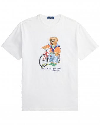 Mens Custom Slim Fit Polo Bear Bike T-Shirt - White Summer Bear 