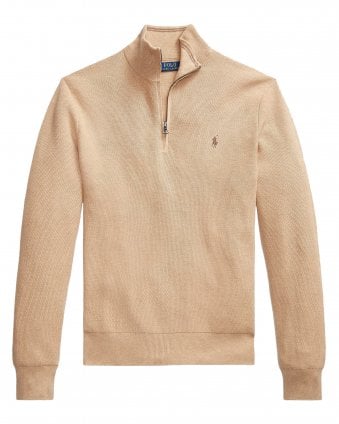 Mens Mesh Knit Quarter-Zip Jumper - Camel Melange (Light Beige)